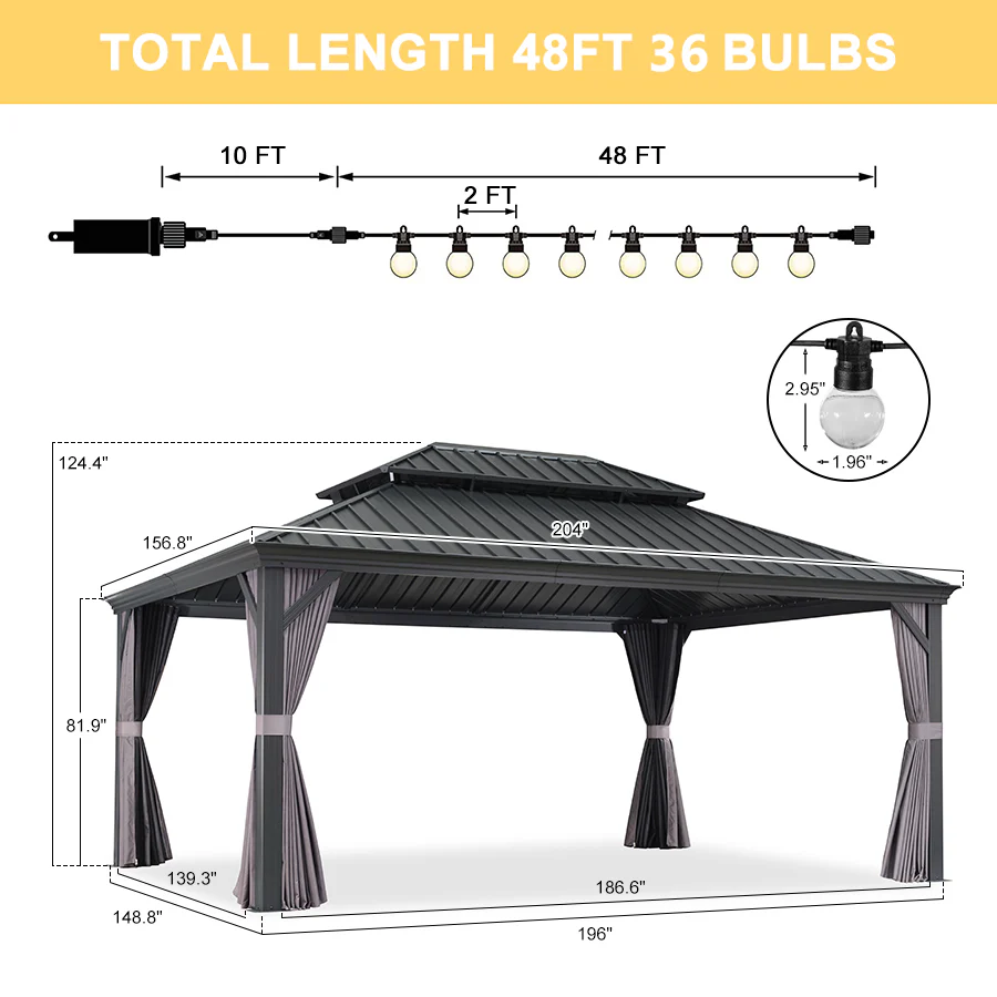 PURPLE LEAF Patio Gazebo for Backyard Grey Hardtop Galvanized Steel Roof Awning with String Lights-clear - Image 95