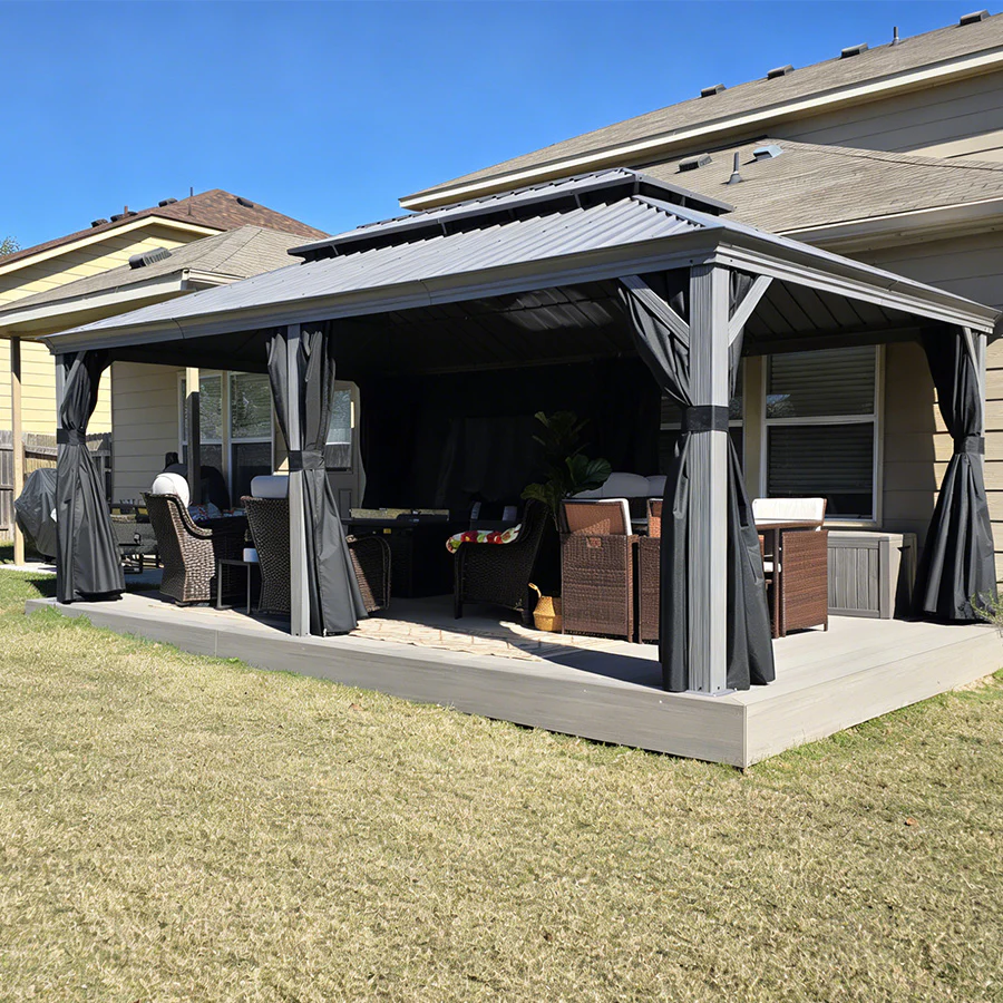 PURPLE LEAF Patio Gazebo for Pool Light Grey Hardtop Galvanized Steel Roof with String Lights-milky - Image 105