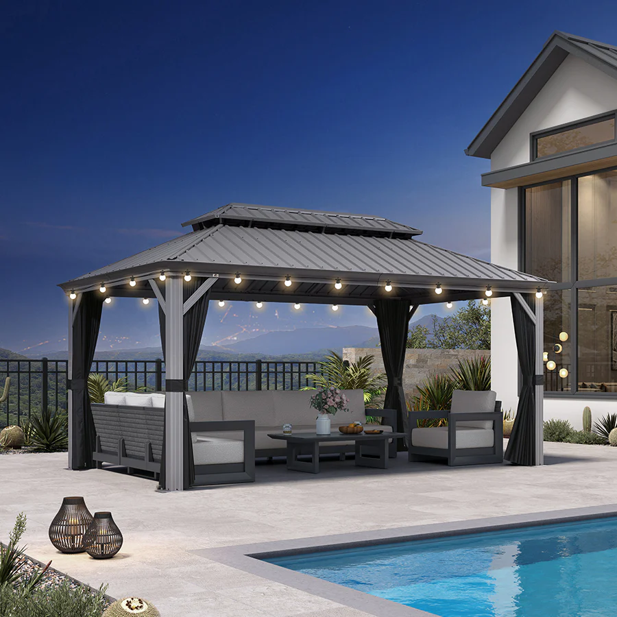 PURPLE LEAF Patio Gazebo for Pool Light Grey Hardtop Galvanized Steel Roof with String Lights-milky - Image 108