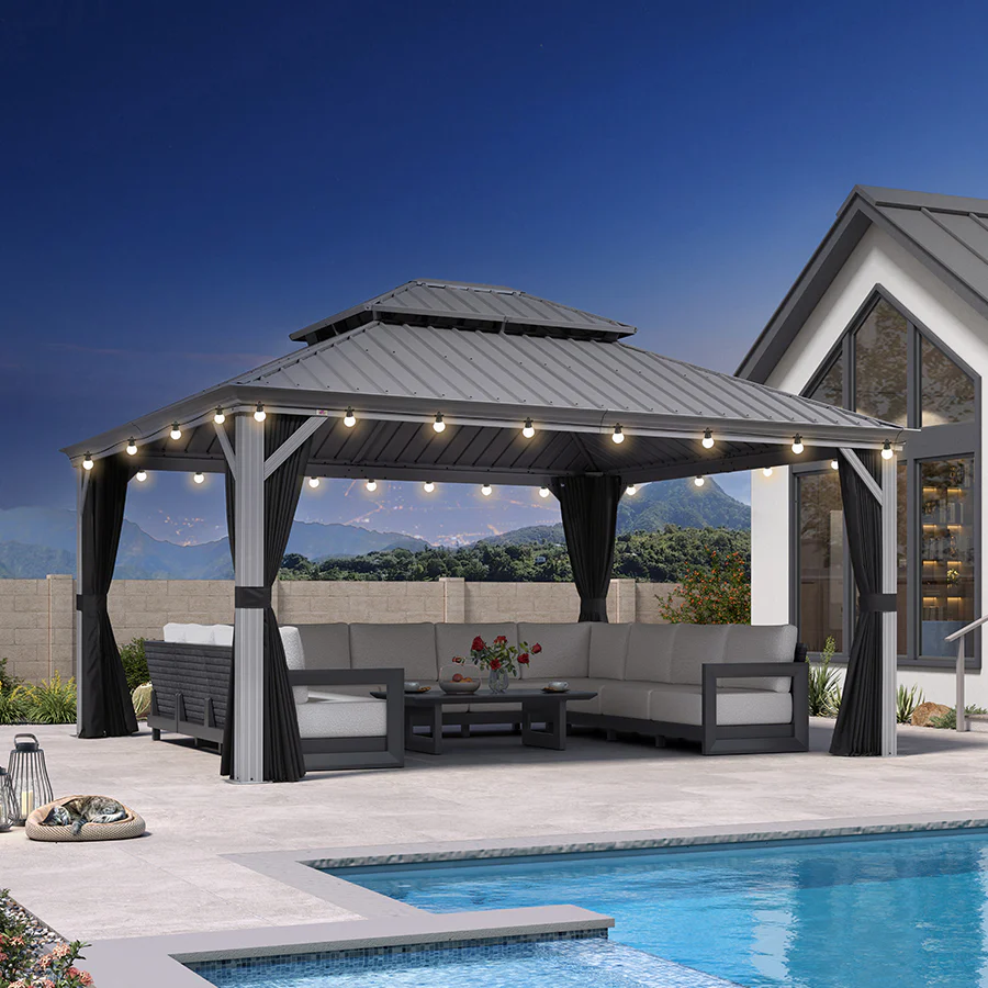 PURPLE LEAF Patio Gazebo for Pool Light Grey Hardtop Galvanized Steel Roof with String Lights-milky - Image 110