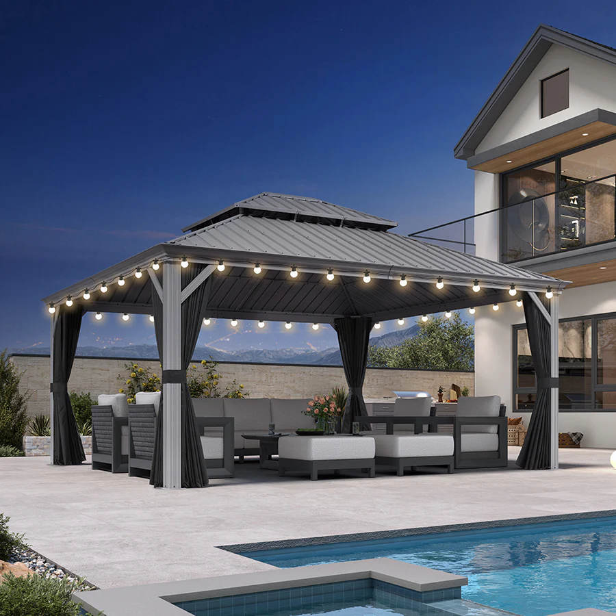 PURPLE LEAF Patio Gazebo for Pool Light Grey Hardtop Galvanized Steel Roof with String Lights-milky - Image 112