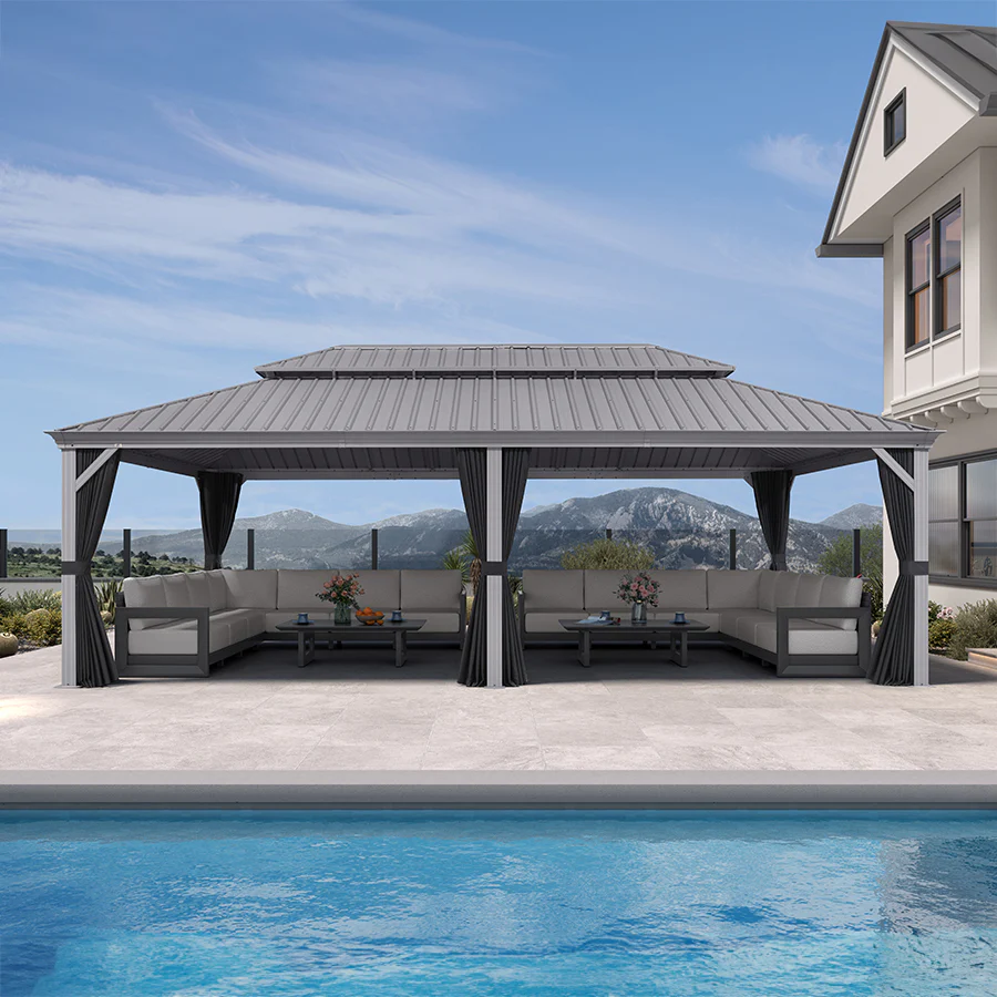 PURPLE LEAF Patio Gazebo for Pool Light Grey Hardtop Galvanized Steel Roof with String Lights-milky - Image 113