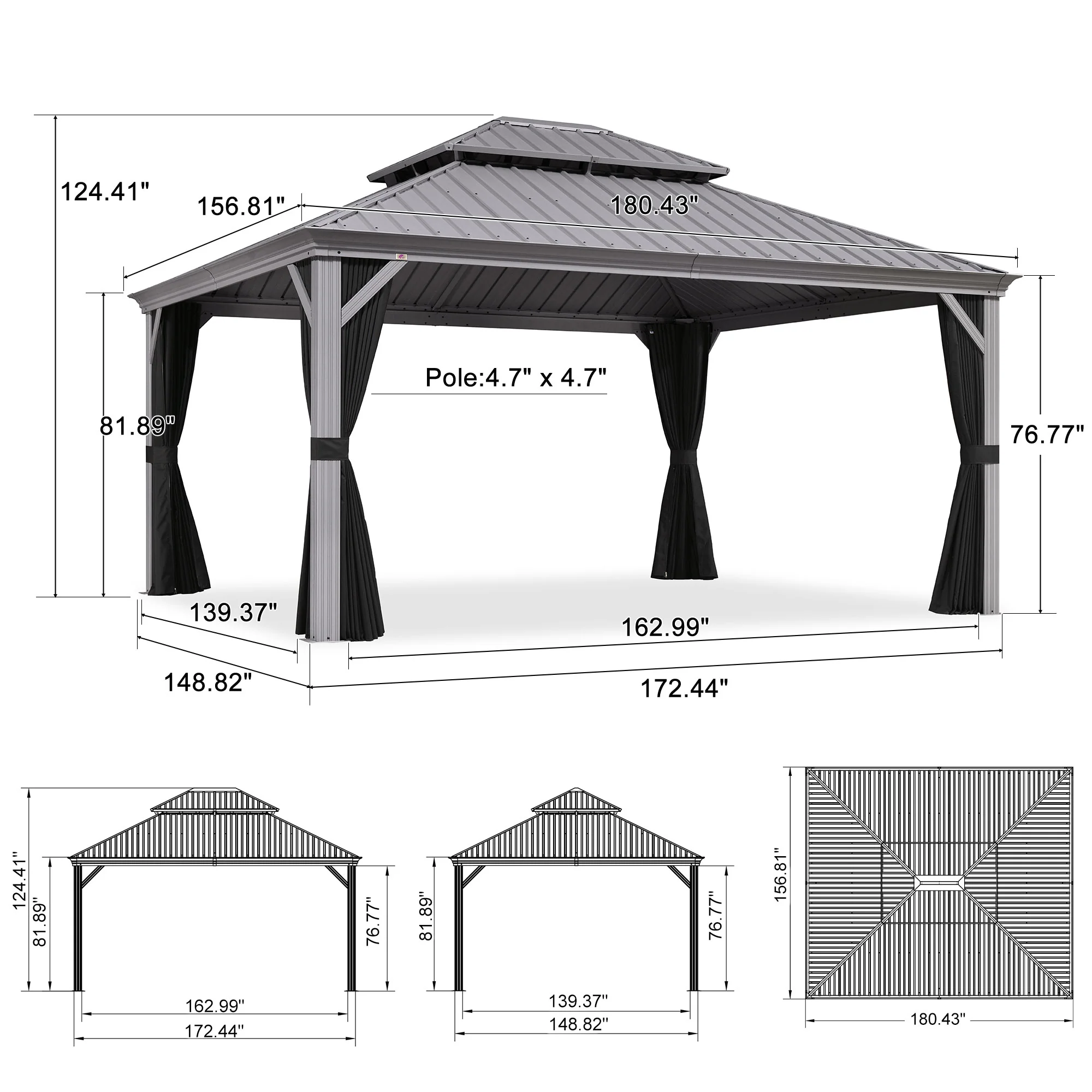 PURPLE LEAF Patio Gazebo for Pool Light Grey Hardtop Galvanized Steel Roof with String Lights-milky - Image 117