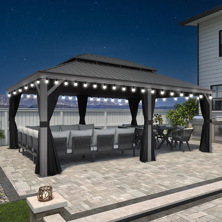 PURPLE LEAF Patio Gazebo for Pool Light Grey Hardtop Galvanized Steel Roof with String Lights-milky - Image 5