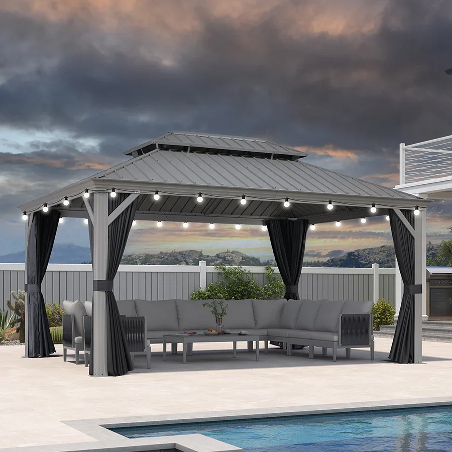 PURPLE LEAF Patio Gazebo for Pool Light Grey Hardtop Galvanized Steel Roof with String Lights-milky - Image 81