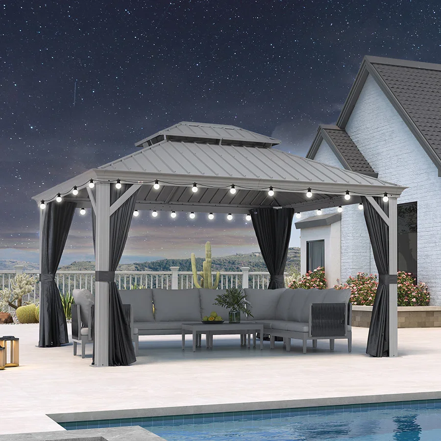 PURPLE LEAF Patio Gazebo for Pool Light Grey Hardtop Galvanized Steel Roof with String Lights-milky - Image 82
