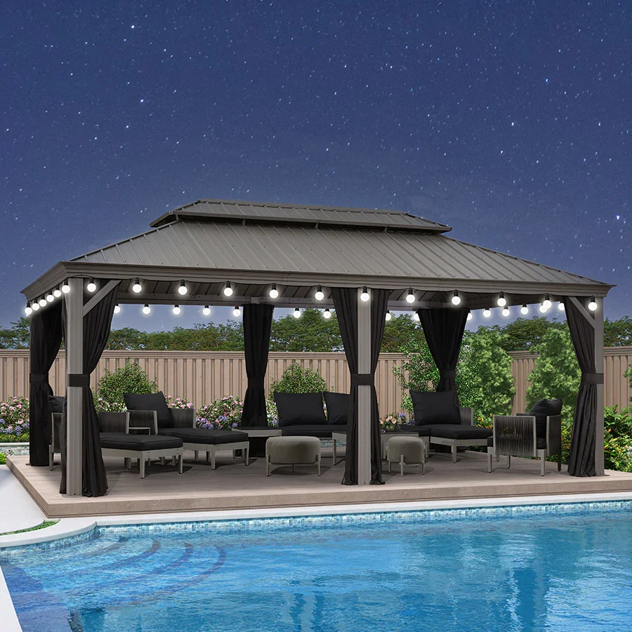 PURPLE LEAF Patio Gazebo for Pool Light Grey Hardtop Galvanized Steel Roof with String Lights-milky - Image 83