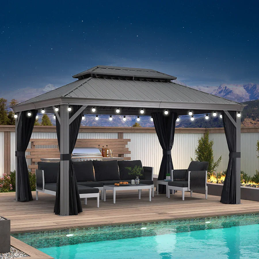 PURPLE LEAF Patio Gazebo for Pool Light Grey Hardtop Galvanized Steel Roof with String Lights-milky - Image 84