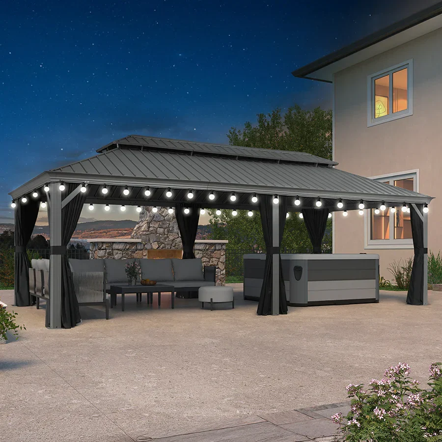 PURPLE LEAF Patio Gazebo for Pool Light Grey Hardtop Galvanized Steel Roof with String Lights-milky - Image 85