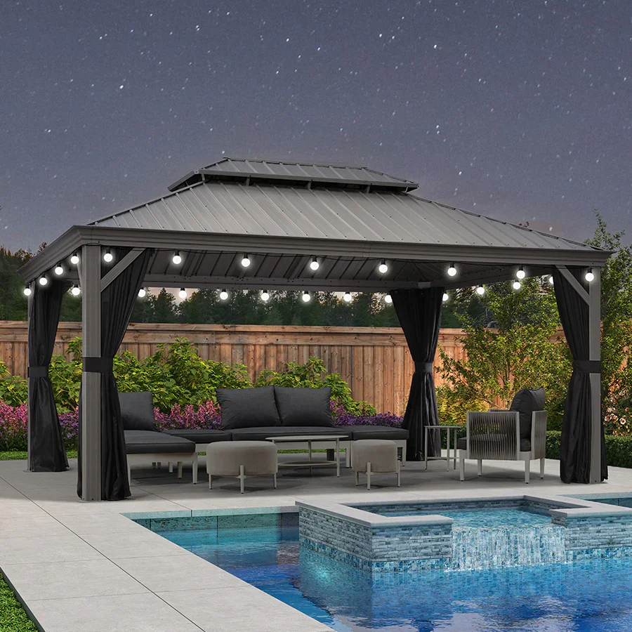 PURPLE LEAF Patio Gazebo for Pool Light Grey Hardtop Galvanized Steel Roof with String Lights-milky - Image 86