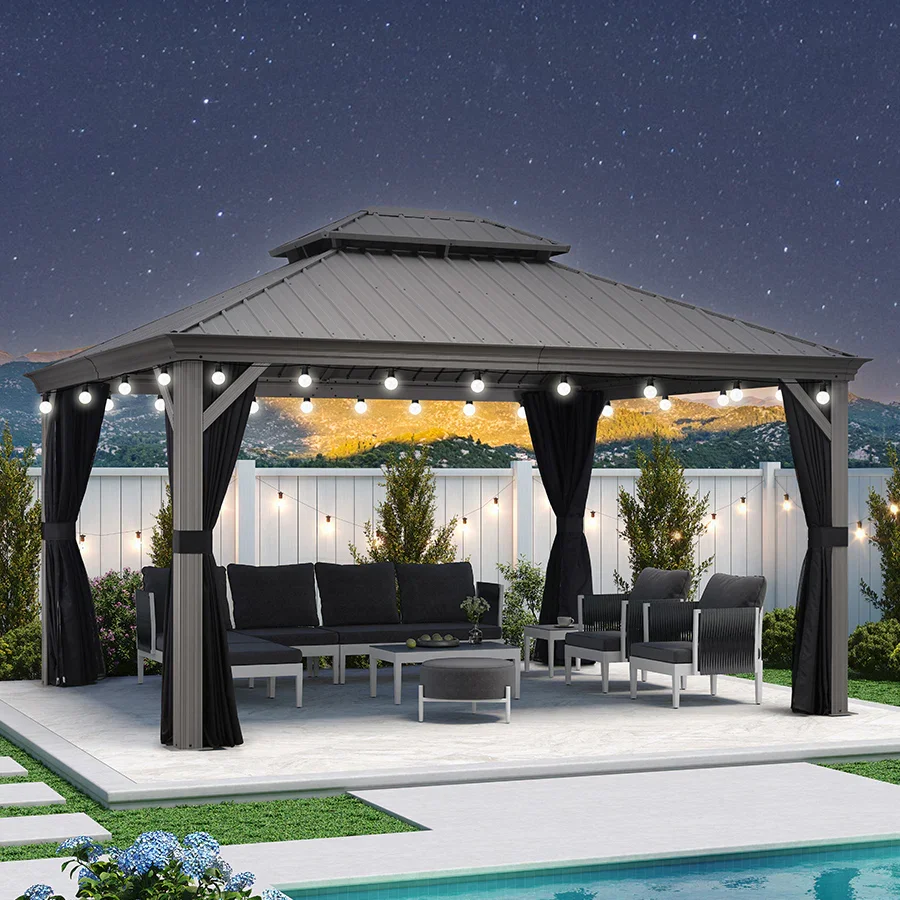 PURPLE LEAF Patio Gazebo for Pool Light Grey Hardtop Galvanized Steel Roof with String Lights-milky - Image 87
