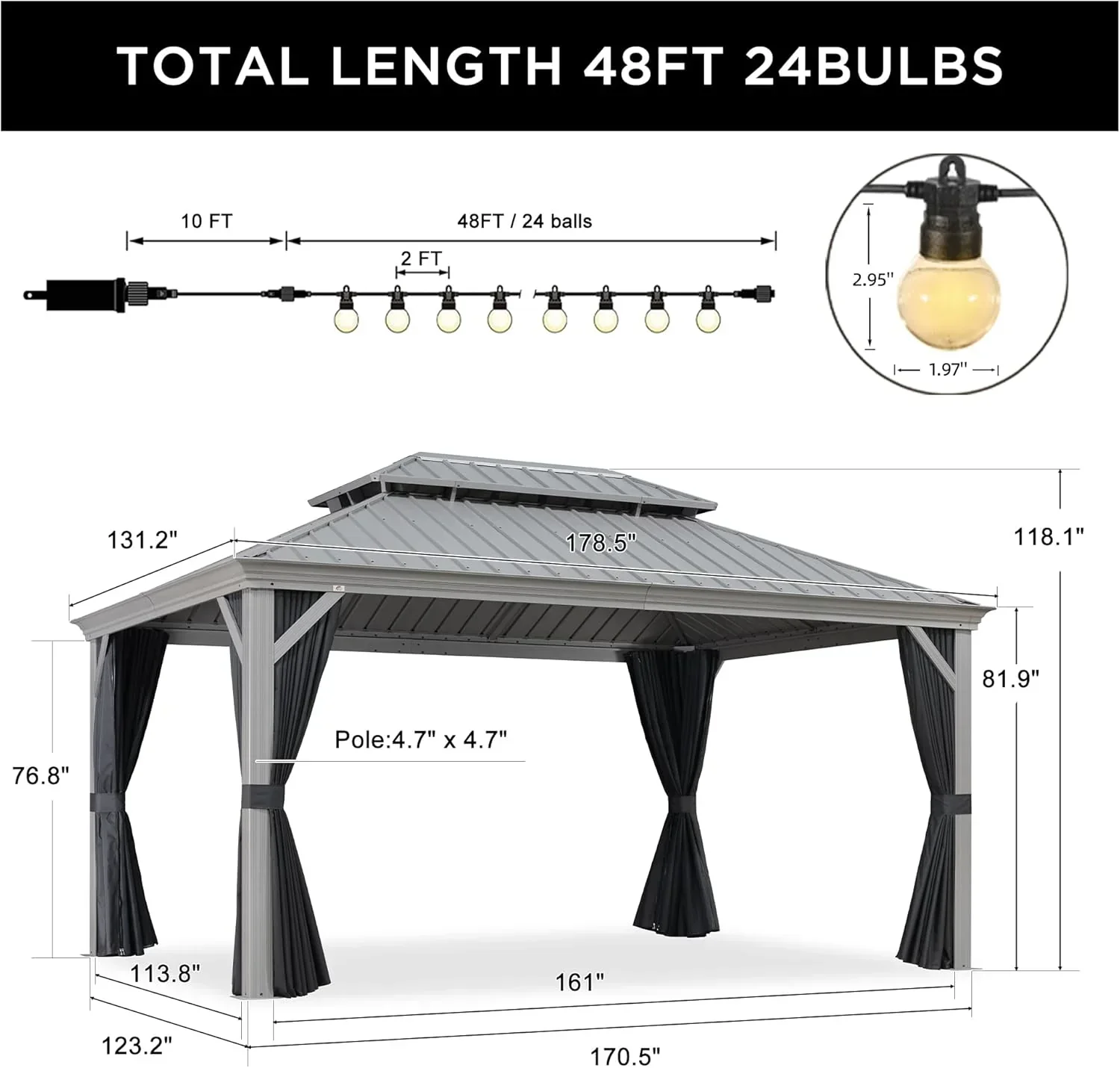 PURPLE LEAF Patio Gazebo for Pool Light Grey Hardtop Galvanized Steel Roof with String Lights-milky - Image 91