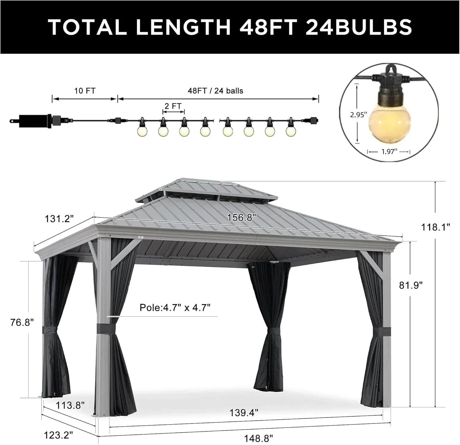 PURPLE LEAF Patio Gazebo for Pool Light Grey Hardtop Galvanized Steel Roof with String Lights-milky - Image 92