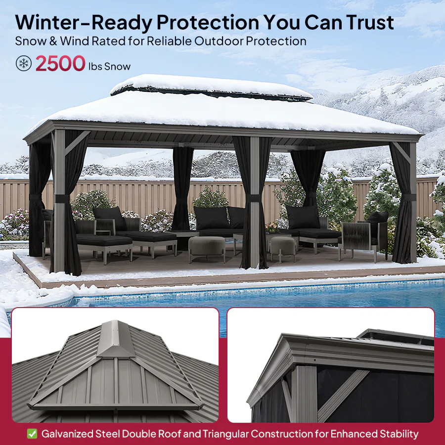 PURPLE LEAF Patio Gazebo for Pool Light Grey Hardtop Galvanized Steel Roof with Upgraded Curtains - Image 109