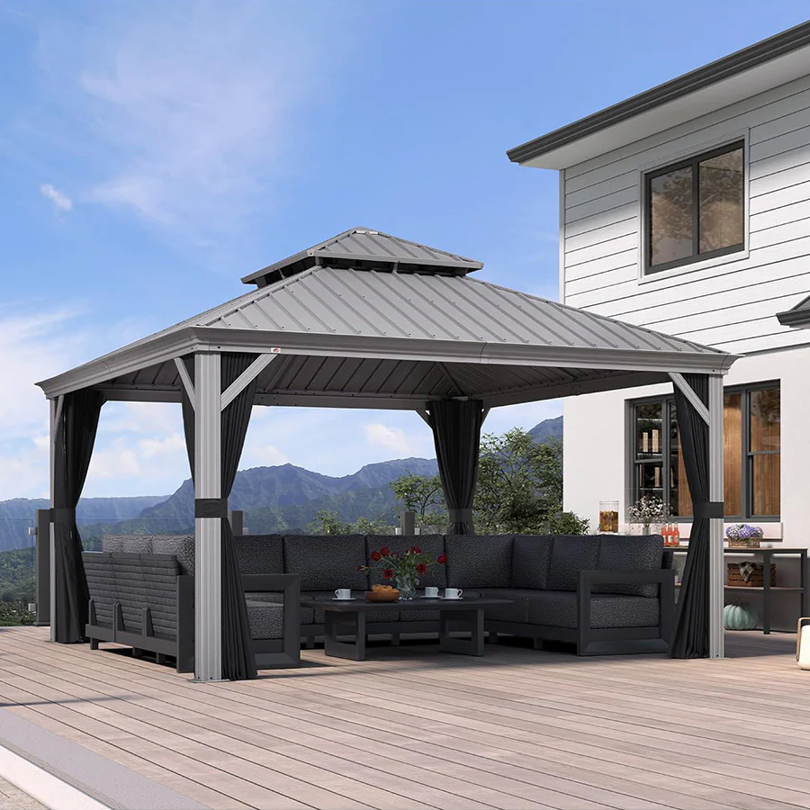 PURPLE LEAF Patio Gazebo for Pool Light Grey Hardtop Galvanized Steel Roof with Upgraded Curtains - Image 113