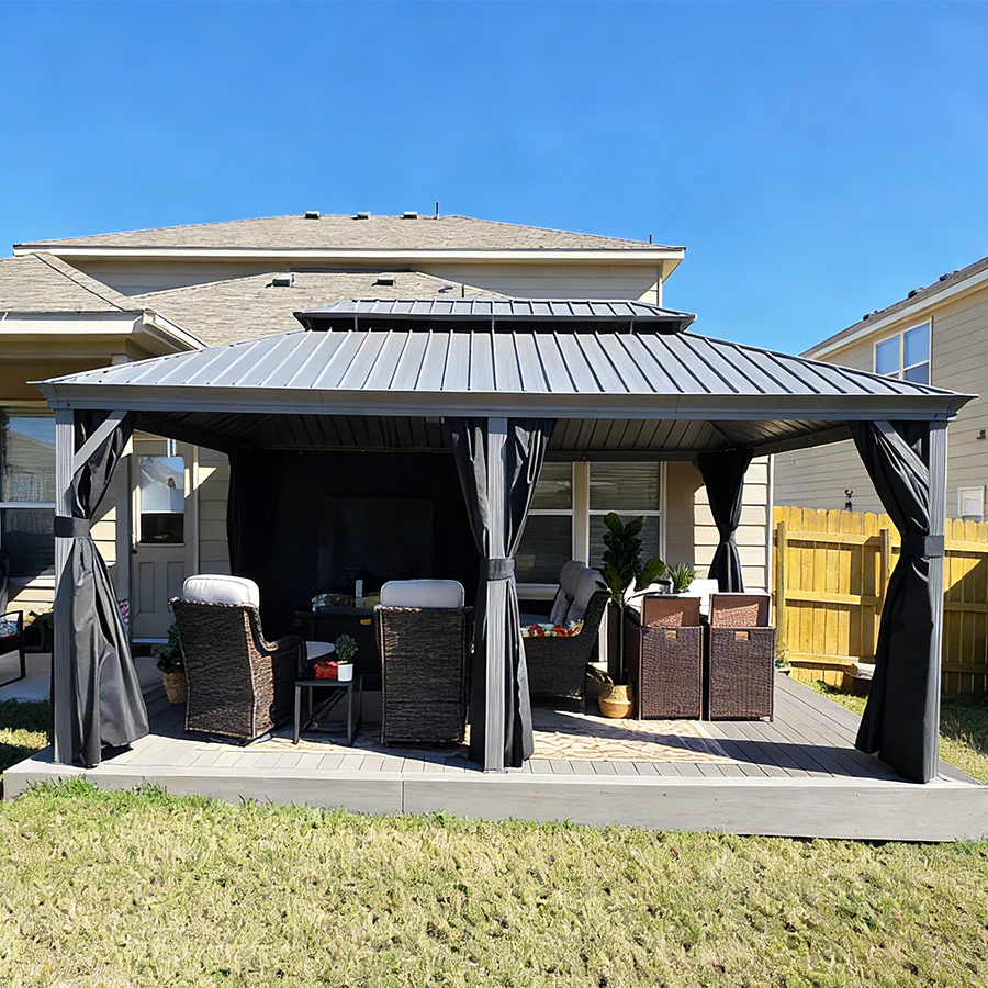 PURPLE LEAF Patio Gazebo for Pool Light Grey Hardtop Galvanized Steel Roof with Upgraded Curtains - Image 115