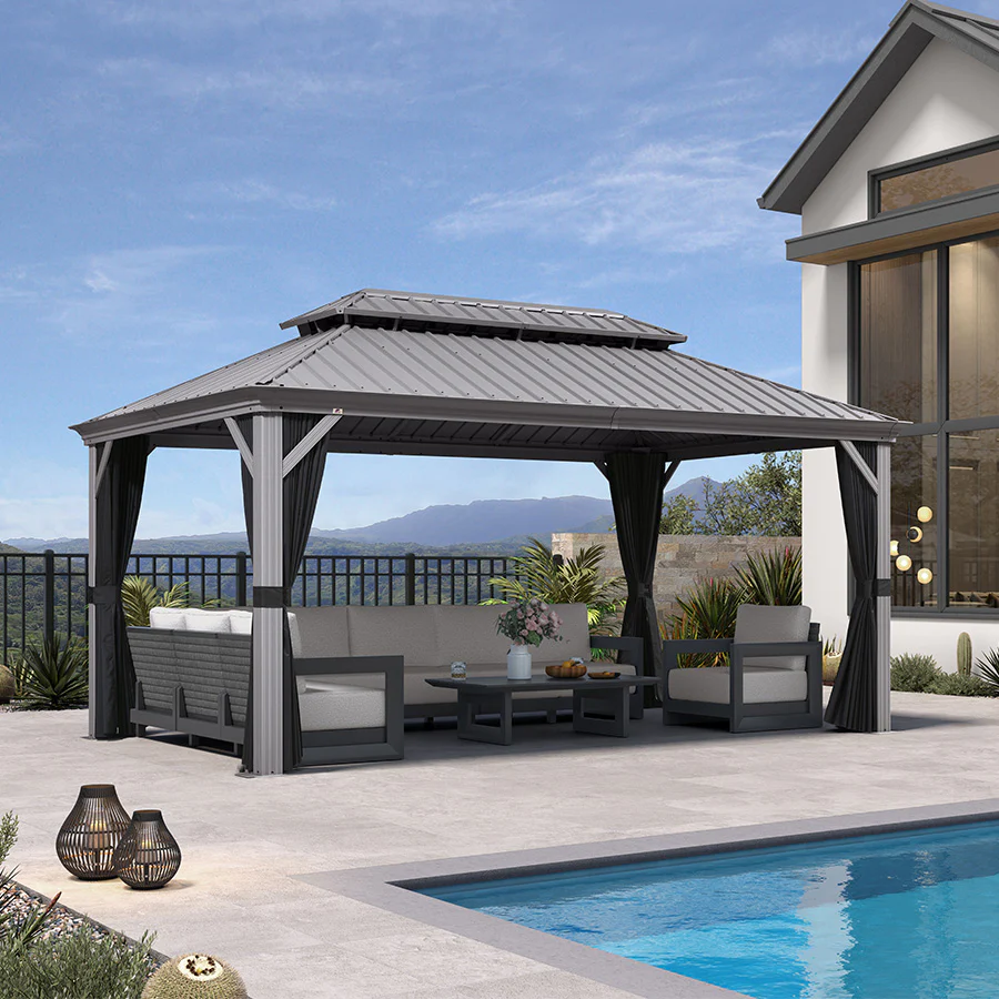 PURPLE LEAF Patio Gazebo for Pool Light Grey Hardtop Galvanized Steel Roof with Upgraded Curtains - Image 118