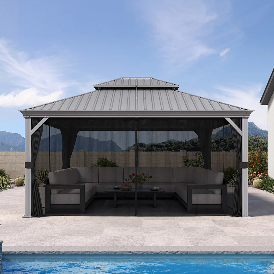 PURPLE LEAF Patio Gazebo for Pool Light Grey Hardtop Galvanized Steel Roof with Upgraded Curtains - Image 119