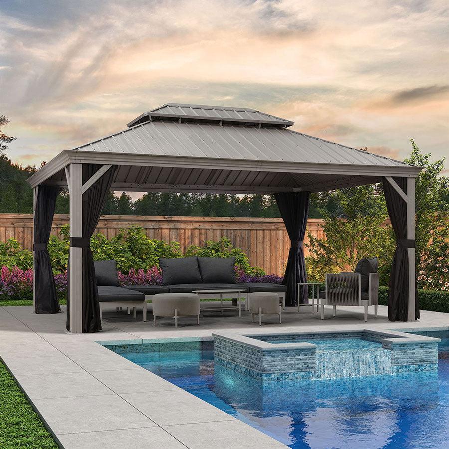 PURPLE LEAF Patio Gazebo for Pool Light Grey Hardtop Galvanized Steel Roof with Upgraded Curtains - Image 12