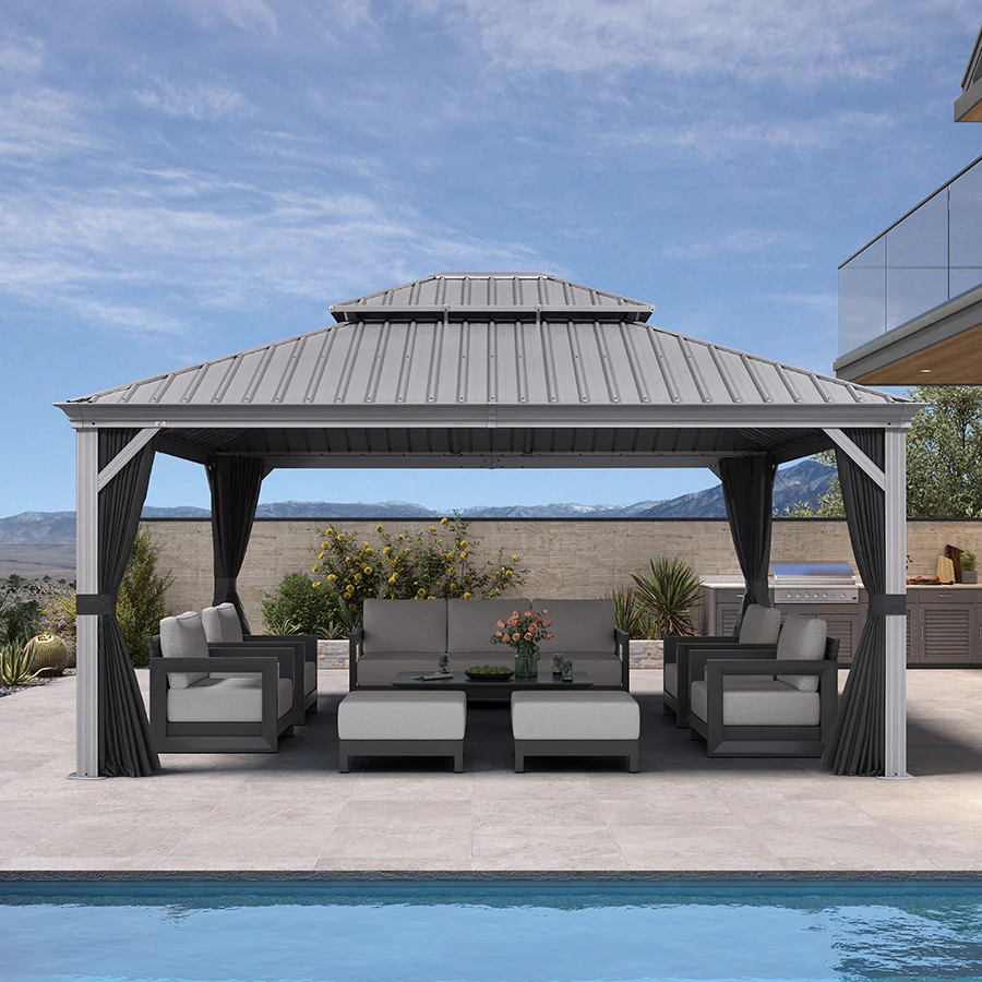 PURPLE LEAF Patio Gazebo for Pool Light Grey Hardtop Galvanized Steel Roof with Upgraded Curtains - Image 120