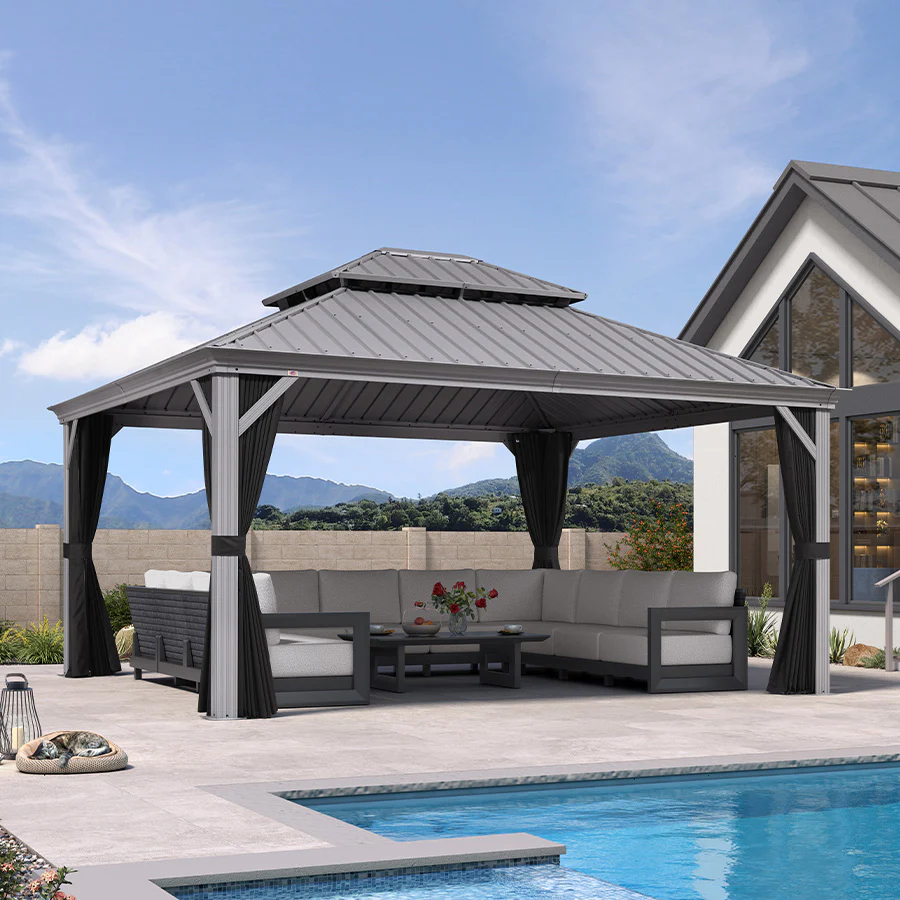 PURPLE LEAF Patio Gazebo for Pool Light Grey Hardtop Galvanized Steel Roof with Upgraded Curtains - Image 121