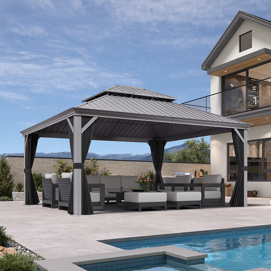 PURPLE LEAF Patio Gazebo for Pool Light Grey Hardtop Galvanized Steel Roof with Upgraded Curtains - Image 123