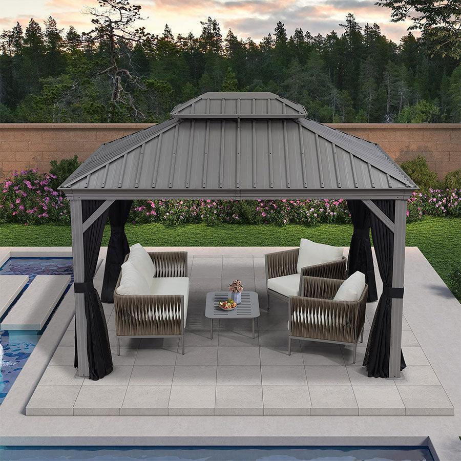 PURPLE LEAF Patio Gazebo for Pool Light Grey Hardtop Galvanized Steel Roof with Upgraded Curtains - Image 13