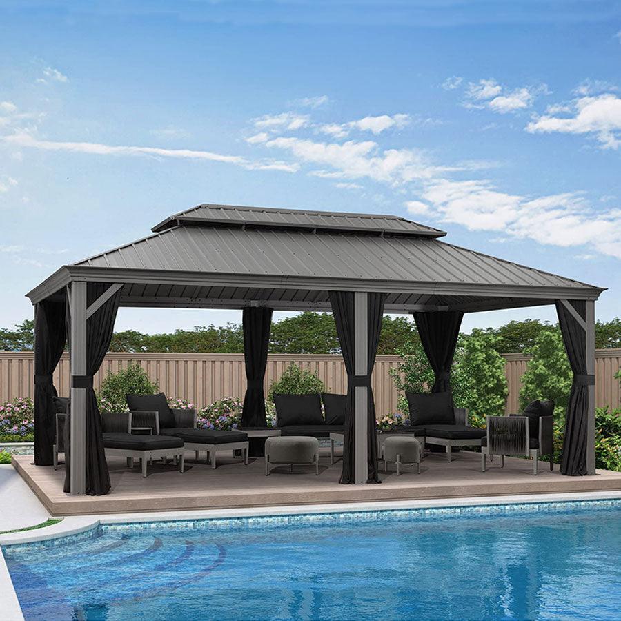 PURPLE LEAF Patio Gazebo for Pool Light Grey Hardtop Galvanized Steel Roof with Upgraded Curtains - Image 15