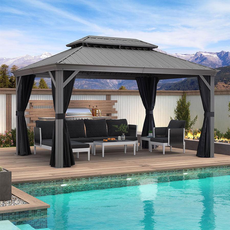 PURPLE LEAF Patio Gazebo for Pool Light Grey Hardtop Galvanized Steel Roof with Upgraded Curtains - Image 17