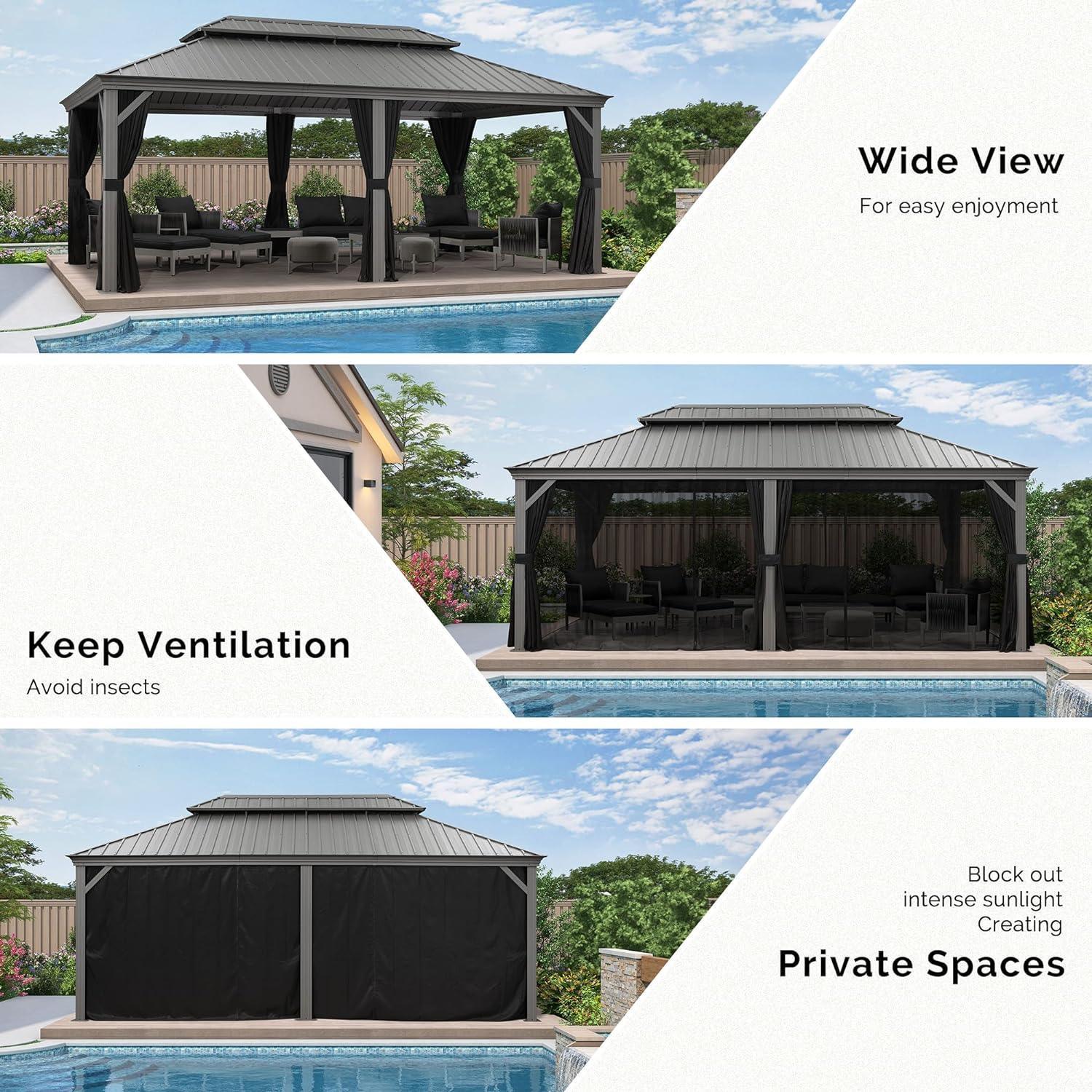 PURPLE LEAF Patio Gazebo for Pool Light Grey Hardtop Galvanized Steel Roof with Upgraded Curtains - Image 22