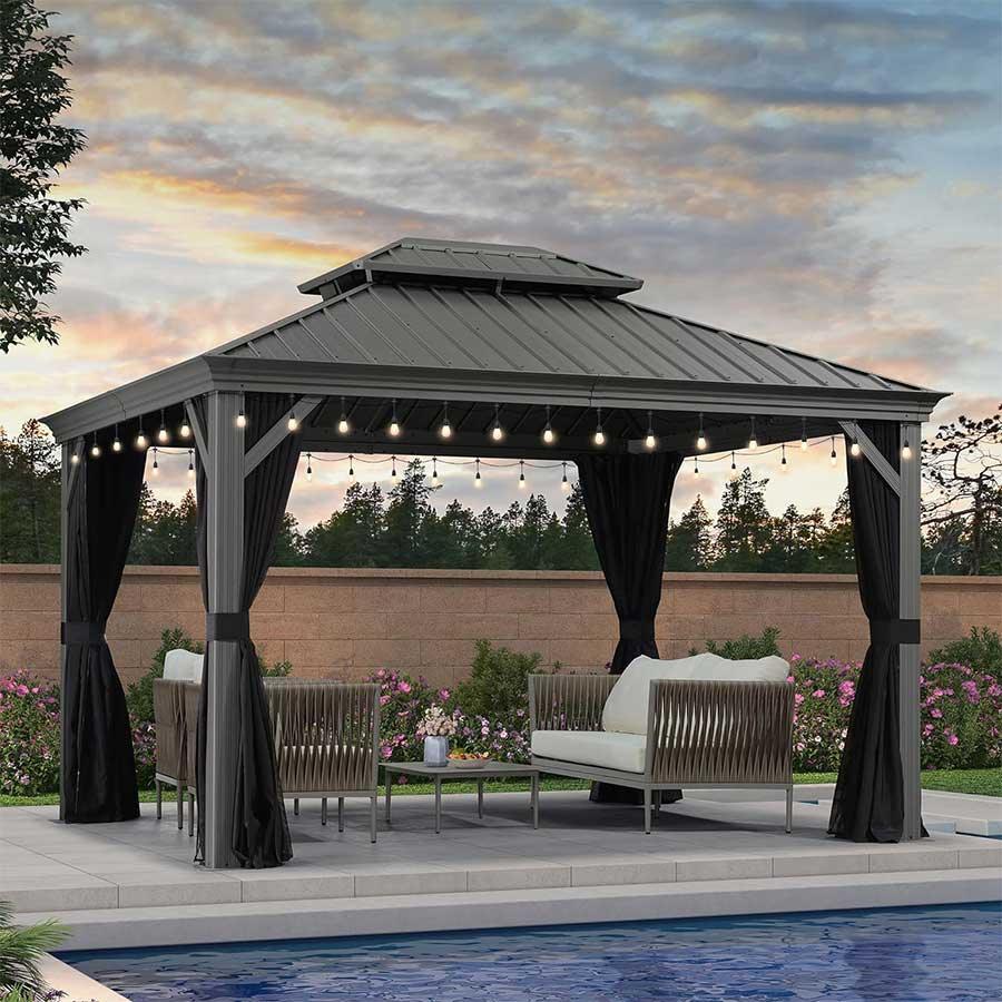 PURPLE LEAF Patio Gazebo for Pool Light Grey Hardtop Galvanized Steel Roof with Upgraded Curtains - Image 23