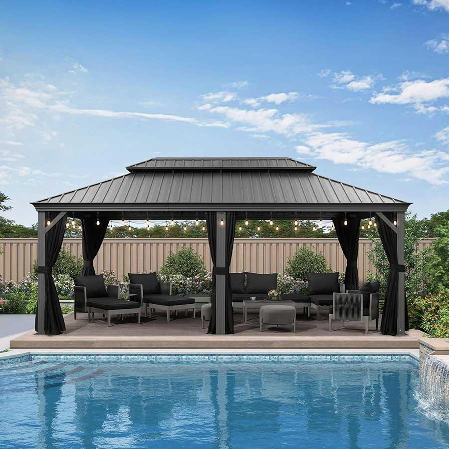 PURPLE LEAF Patio Gazebo for Pool Light Grey Hardtop Galvanized Steel Roof with Upgraded Curtains - Image 24