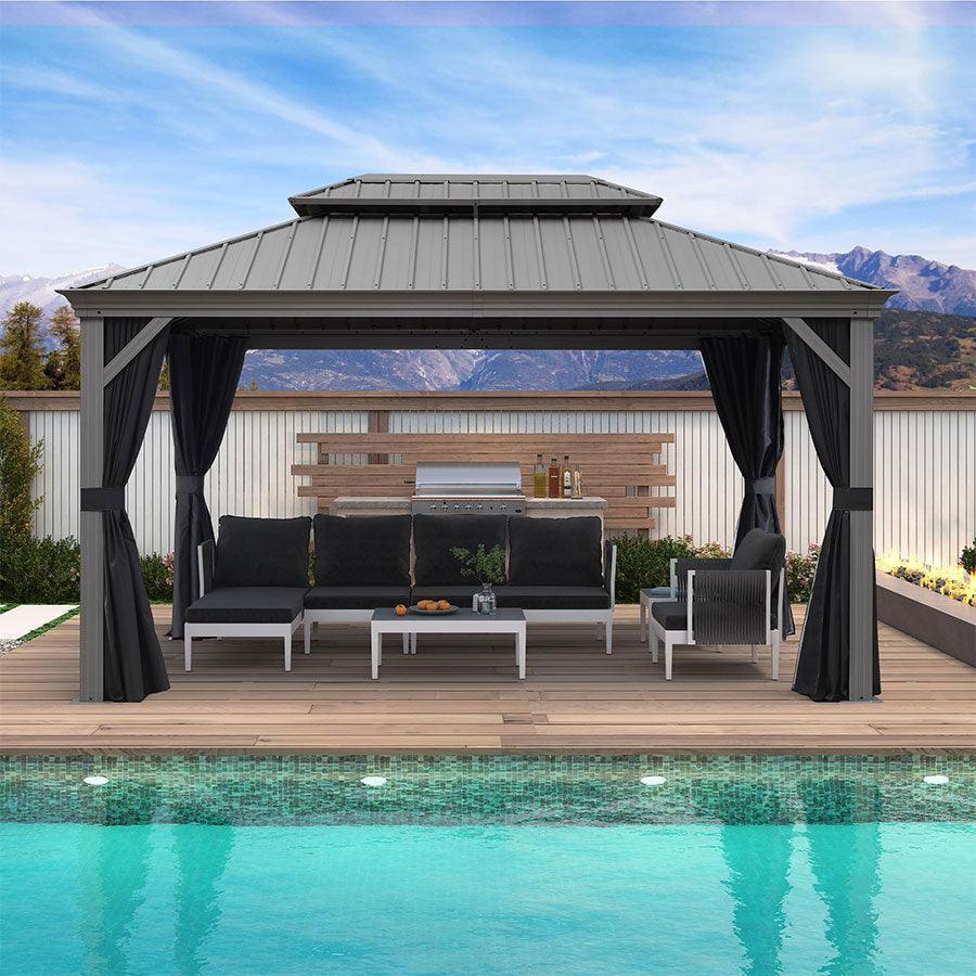 PURPLE LEAF Patio Gazebo for Pool Light Grey Hardtop Galvanized Steel Roof with Upgraded Curtains - Image 26