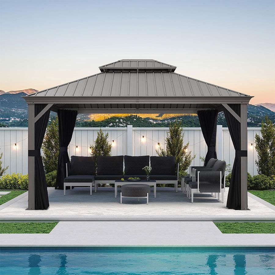 PURPLE LEAF Patio Gazebo for Pool Light Grey Hardtop Galvanized Steel Roof with Upgraded Curtains - Image 27