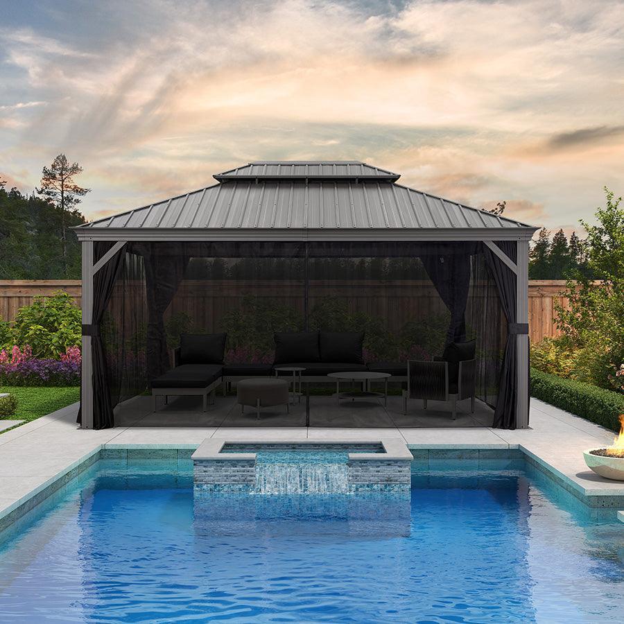PURPLE LEAF Patio Gazebo for Pool Light Grey Hardtop Galvanized Steel Roof with Upgraded Curtains - Image 36