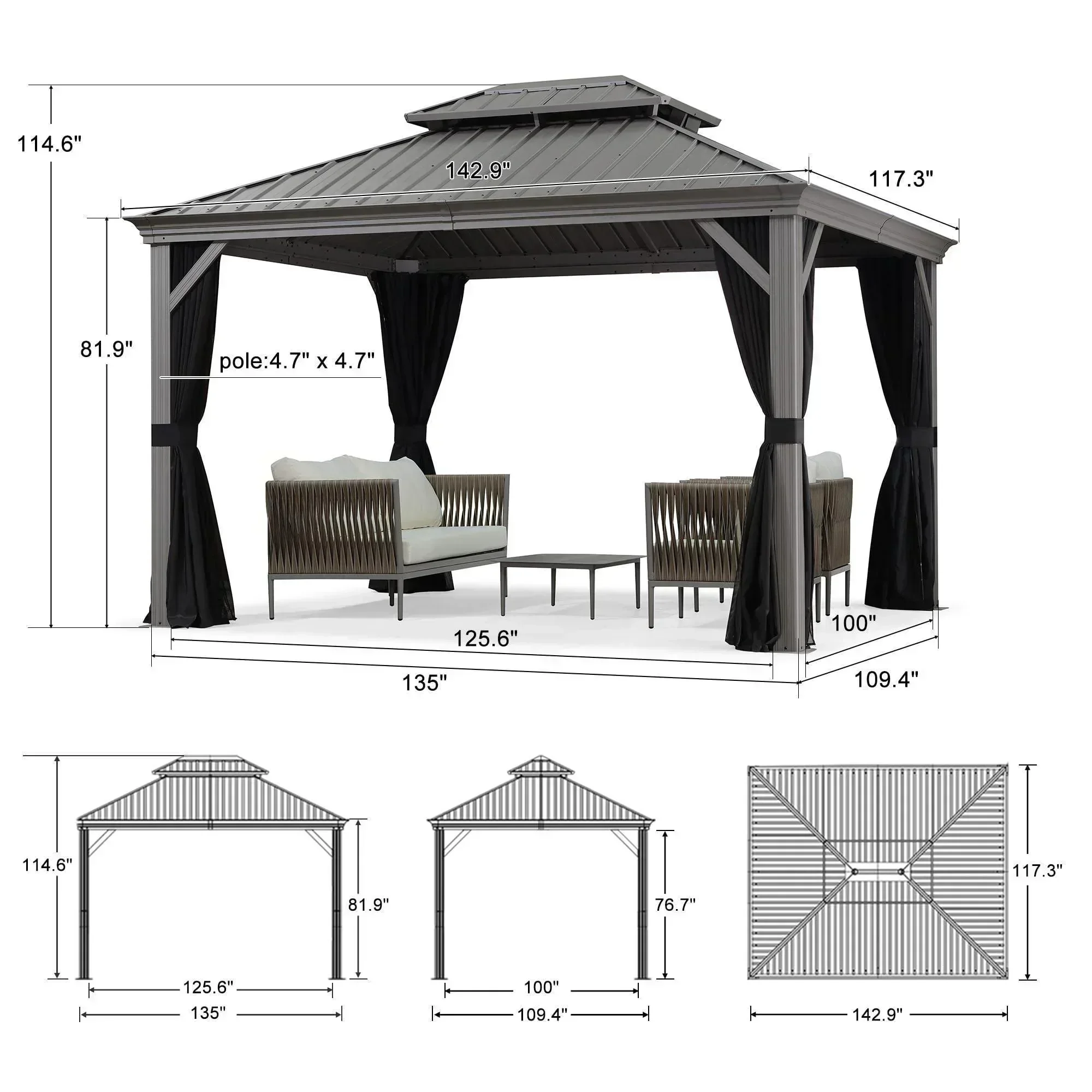 PURPLE LEAF Patio Gazebo for Pool Light Grey Hardtop Galvanized Steel Roof with Upgraded Curtains - Image 46