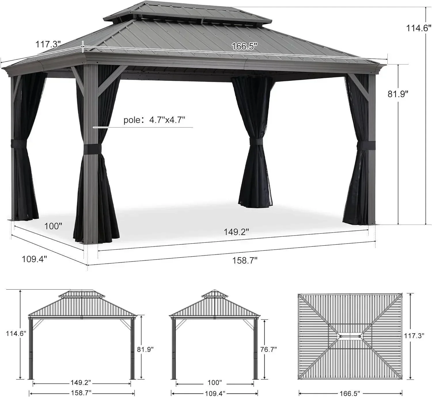 PURPLE LEAF Patio Gazebo for Pool Light Grey Hardtop Galvanized Steel Roof with Upgraded Curtains - Image 47