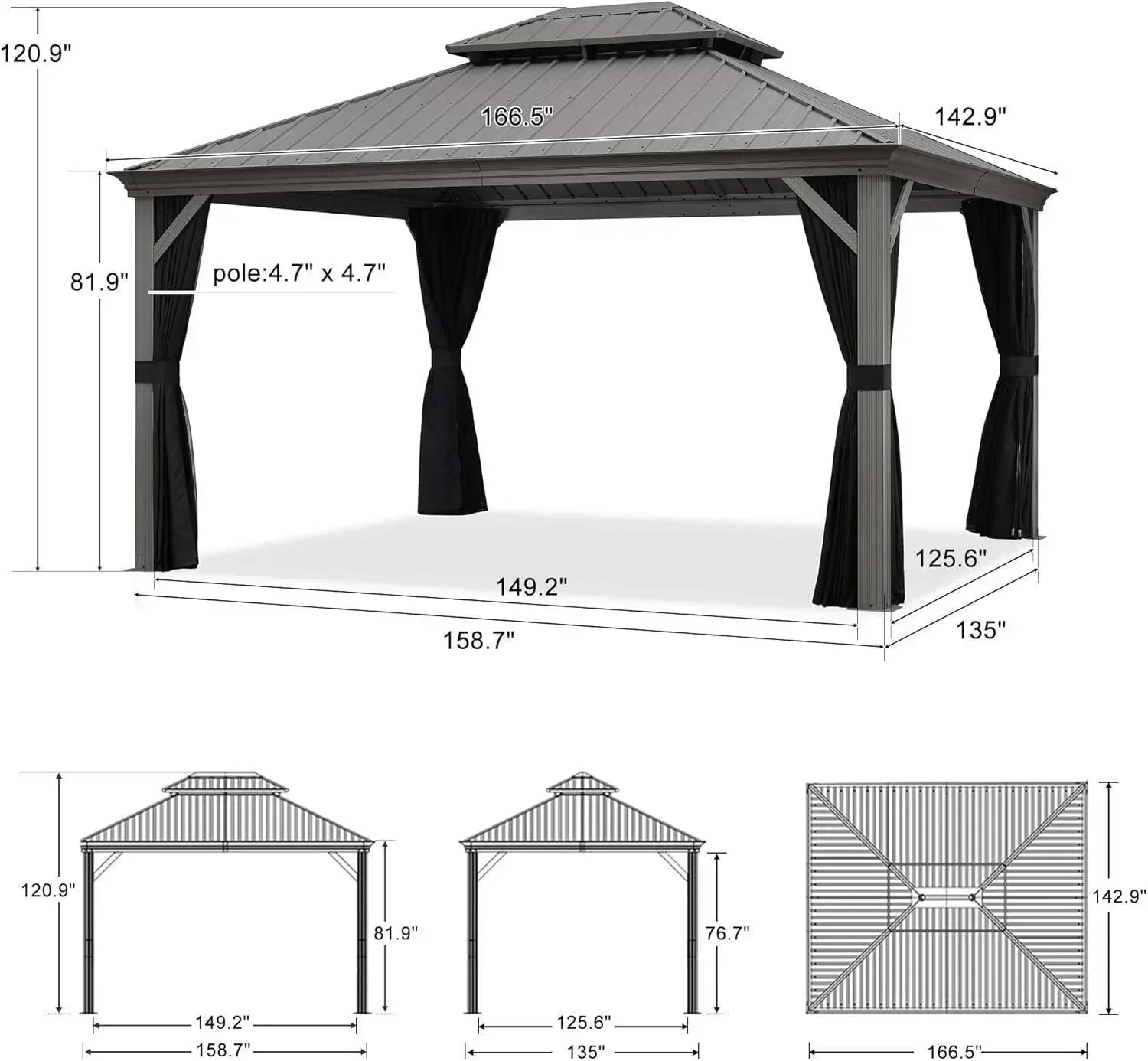 PURPLE LEAF Patio Gazebo for Pool Light Grey Hardtop Galvanized Steel Roof with Upgraded Curtains - Image 48