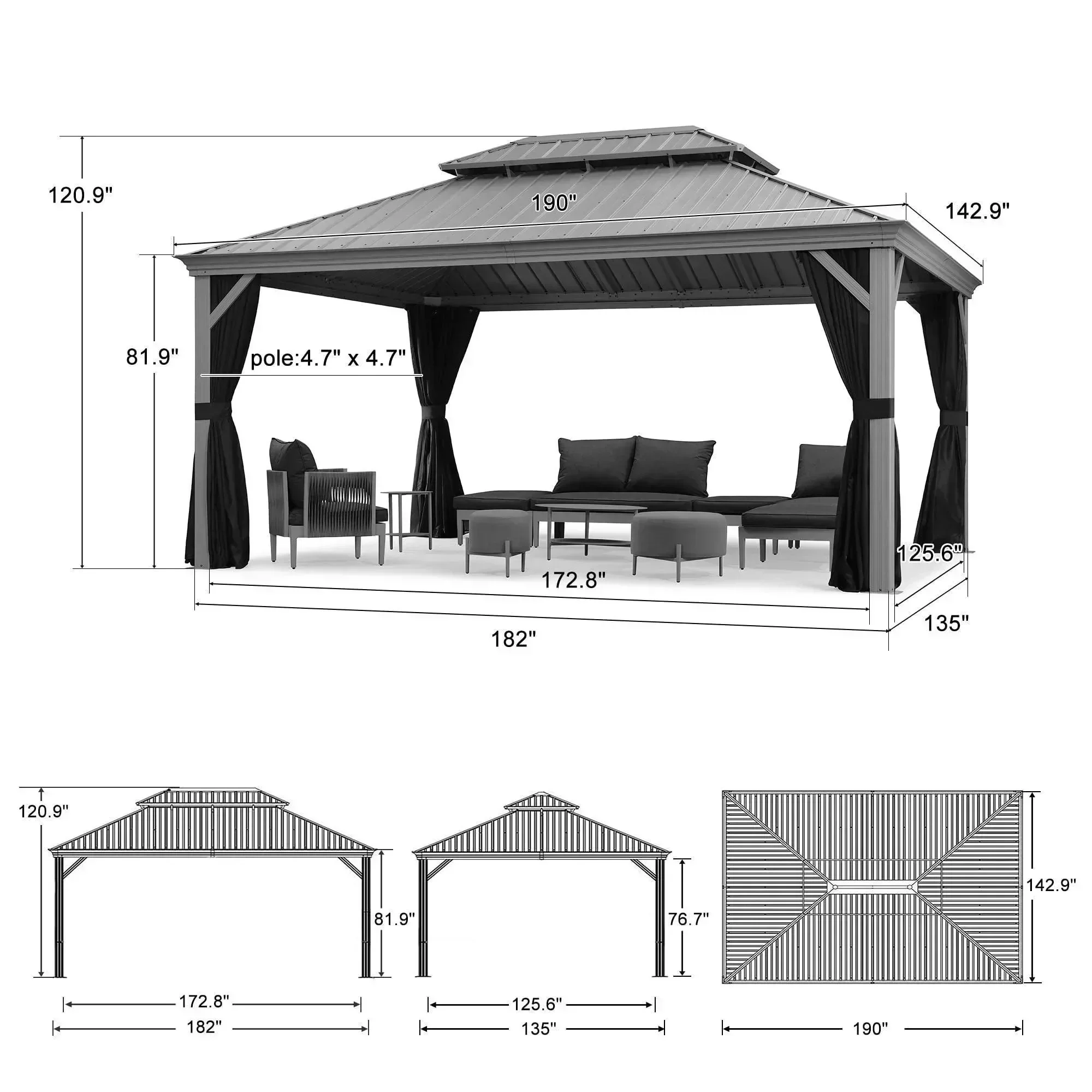 PURPLE LEAF Patio Gazebo for Pool Light Grey Hardtop Galvanized Steel Roof with Upgraded Curtains - Image 49
