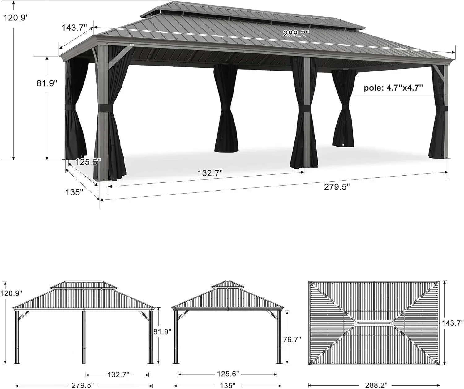 PURPLE LEAF Patio Gazebo for Pool Light Grey Hardtop Galvanized Steel Roof with Upgraded Curtains - Image 52