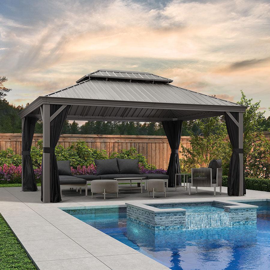PURPLE LEAF Patio Gazebo for Pool Light Grey Hardtop Galvanized Steel Roof with Upgraded Curtains - Image 59