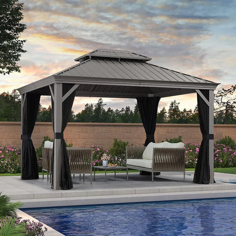 PURPLE LEAF Patio Gazebo for Pool Light Grey Hardtop Galvanized Steel Roof with Upgraded Curtains - Image 8