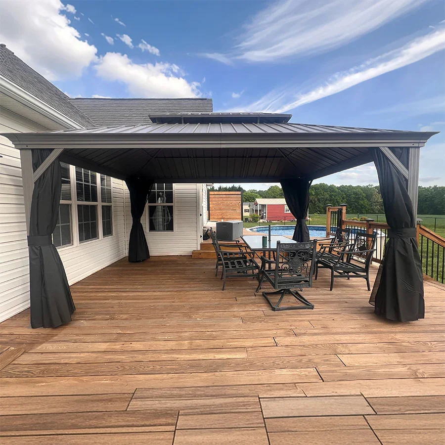 PURPLE LEAF Patio Gazebo for Pool Light Grey Hardtop Galvanized Steel Roof with Upgraded Curtains - Image 87