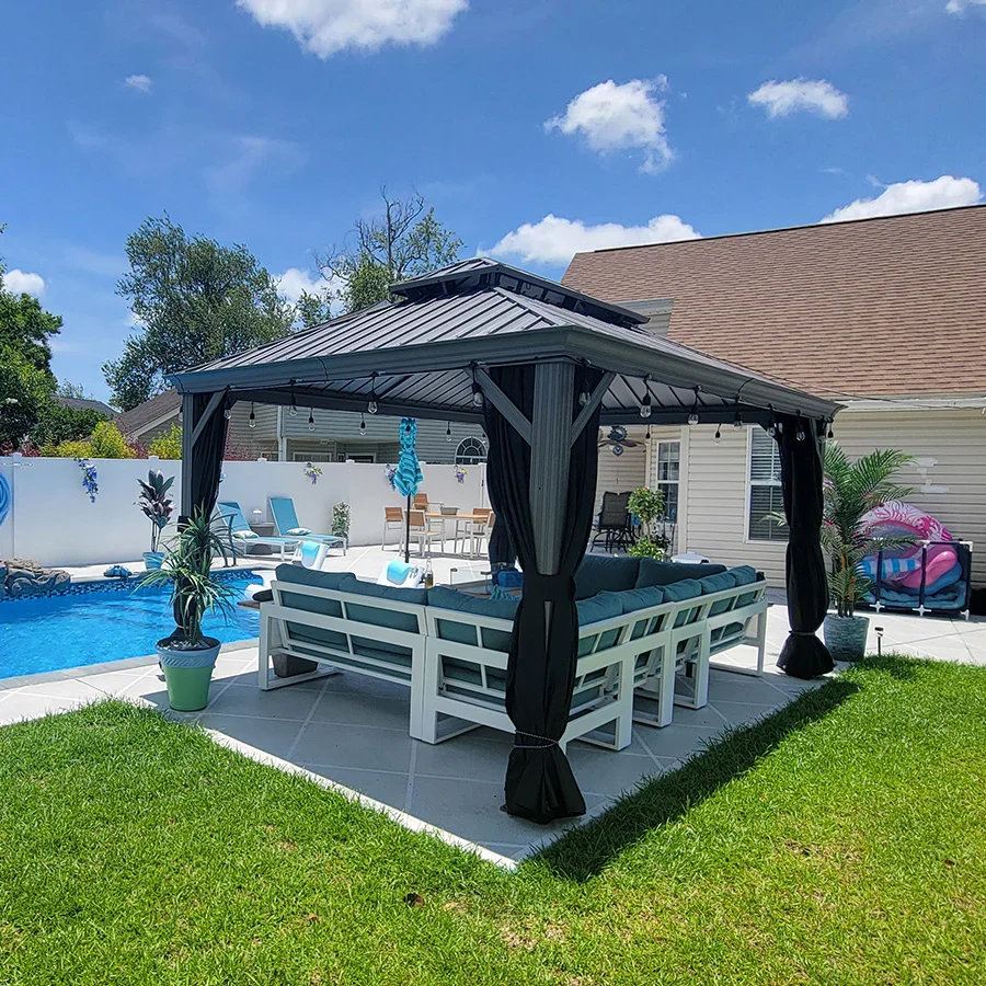 PURPLE LEAF Patio Gazebo for Pool Light Grey Hardtop Galvanized Steel Roof with Upgraded Curtains - Image 89