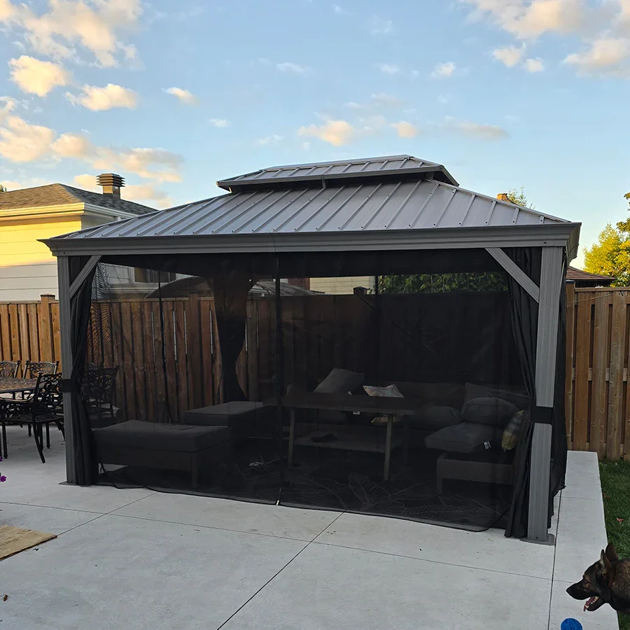 PURPLE LEAF Patio Gazebo for Pool Light Grey Hardtop Galvanized Steel Roof with Upgraded Curtains - Image 90