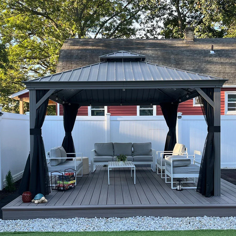 PURPLE LEAF Patio Gazebo for Pool Light Grey Hardtop Galvanized Steel Roof with Upgraded Curtains - Image 91