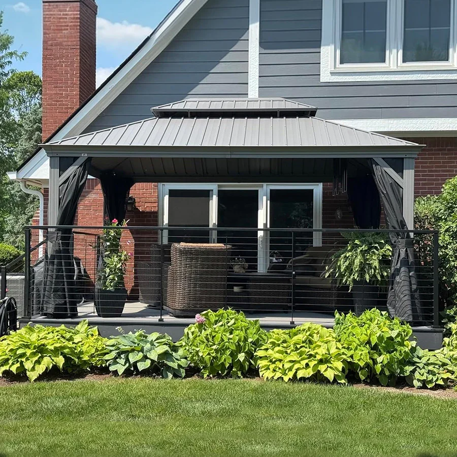 PURPLE LEAF Patio Gazebo for Pool Light Grey Hardtop Galvanized Steel Roof with Upgraded Curtains - Image 93