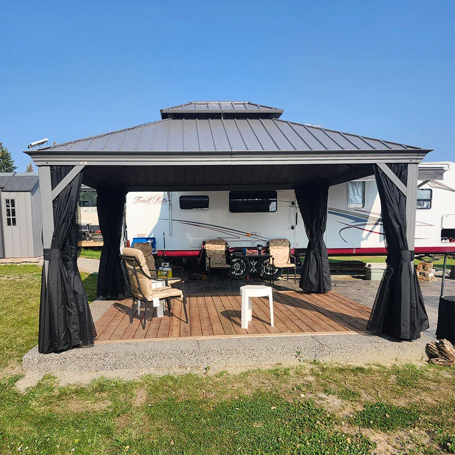 PURPLE LEAF Patio Gazebo for Pool Light Grey Hardtop Galvanized Steel Roof with Upgraded Curtains - Image 94