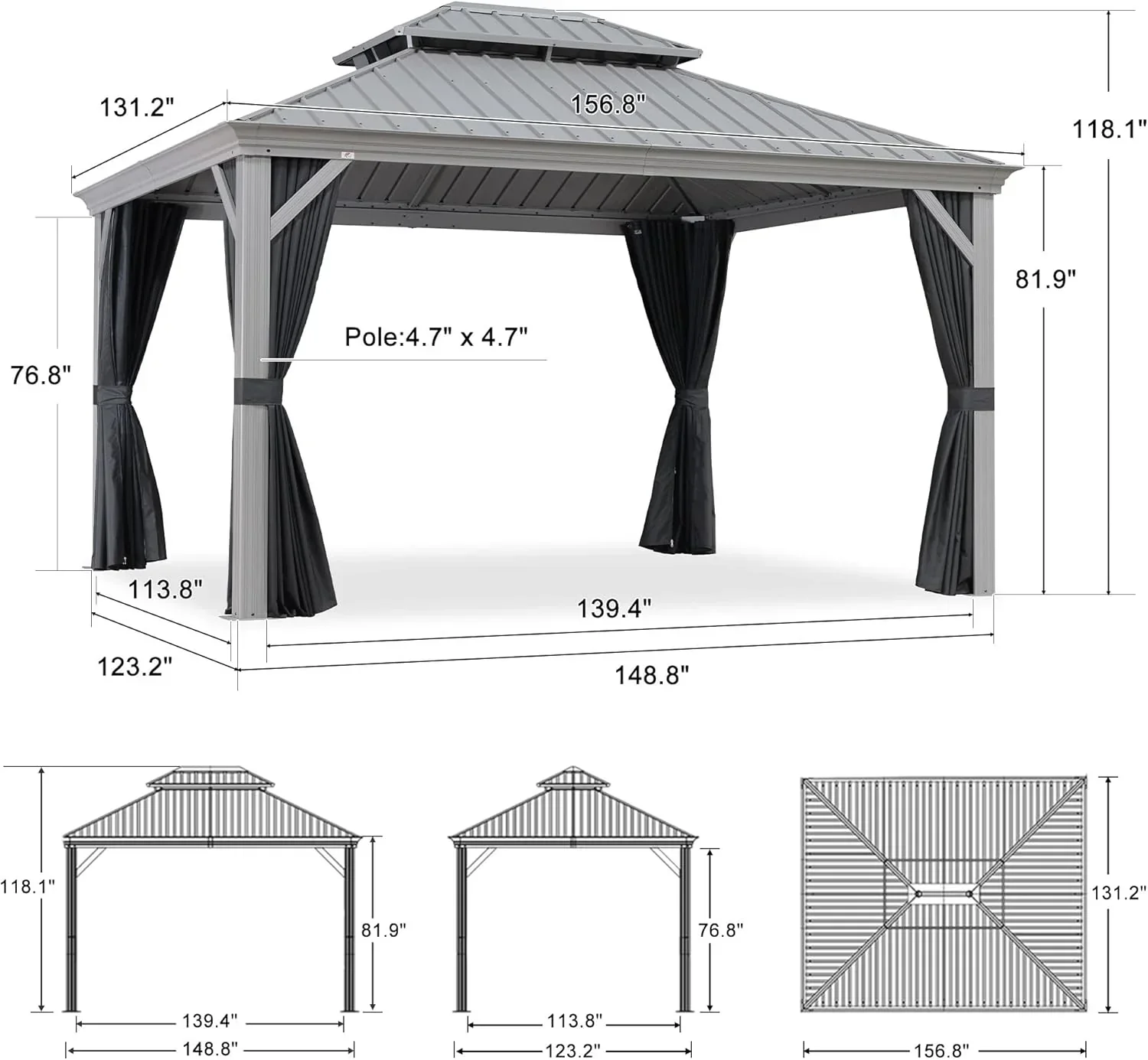 PURPLE LEAF Patio Gazebo for Pool Light Grey Hardtop Galvanized Steel Roof with Upgraded Curtains - Image 98