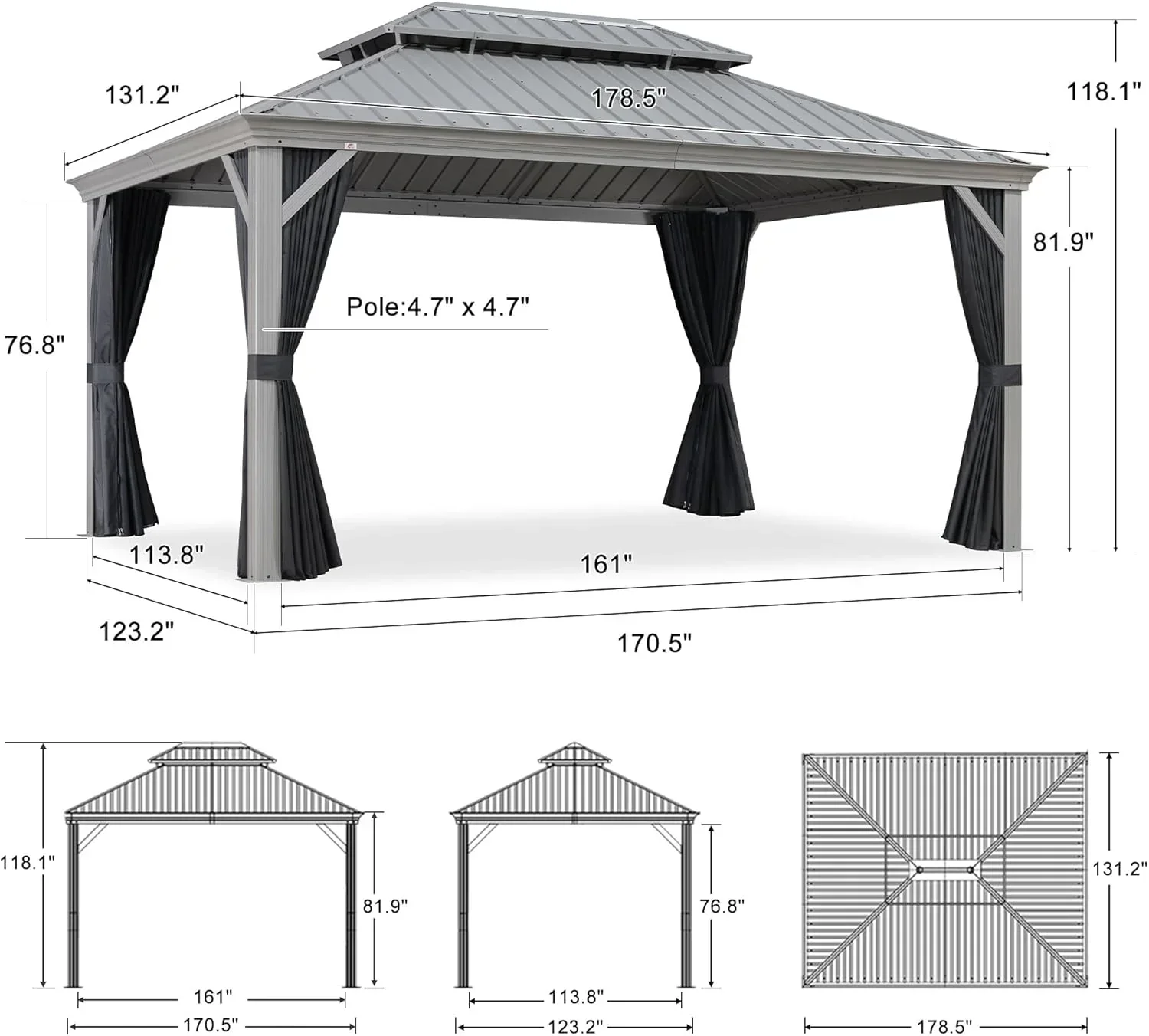 PURPLE LEAF Patio Gazebo for Pool Light Grey Hardtop Galvanized Steel Roof with Upgraded Curtains - Image 99